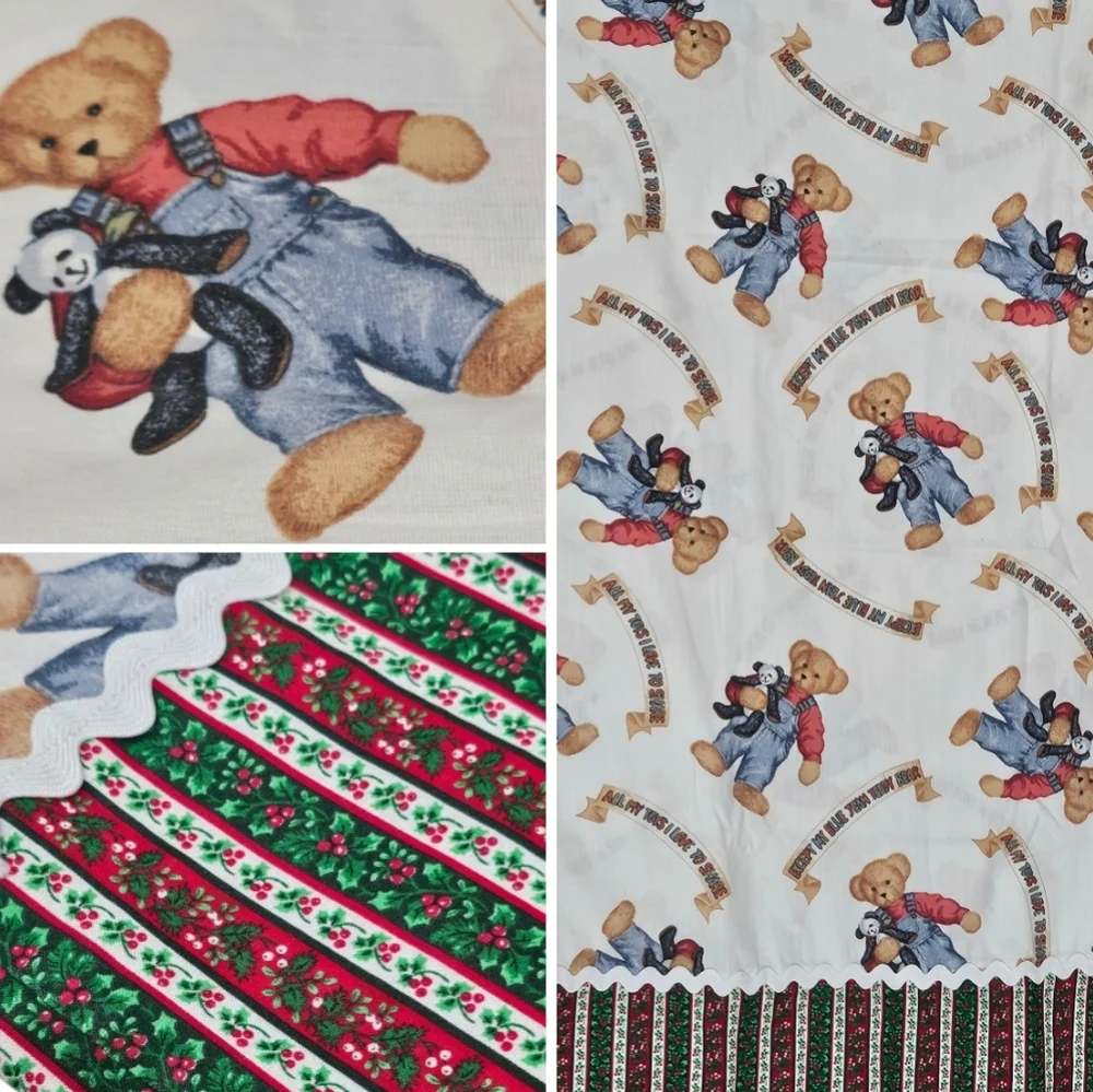 Blue Jean Teddy Vintage Kids Pillowcase Handmade Christmas Poinsetta Holiday VTG